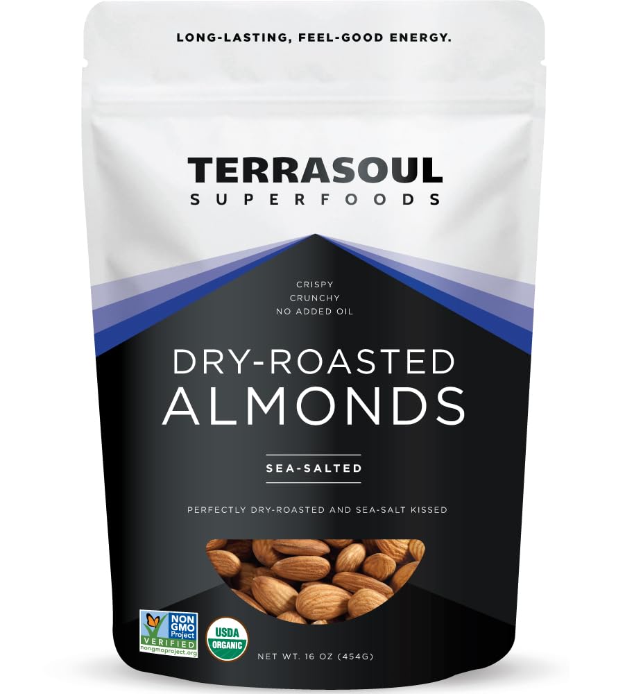 Terrasoul almonds in a resealable pouch show dry-roasted, lightly salted texture for snacking.