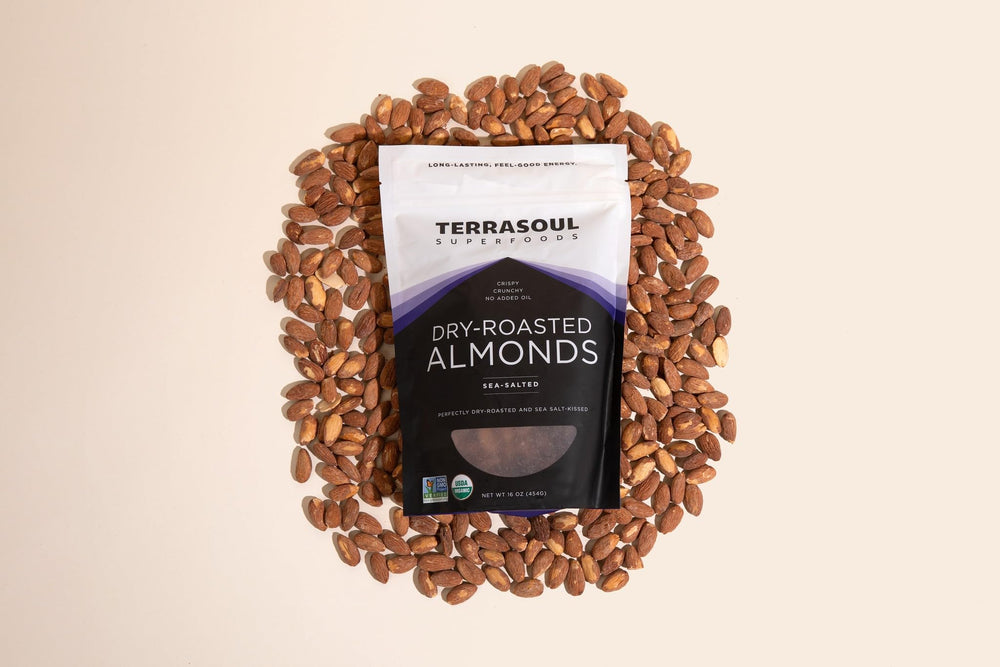 Terrasoul almonds nutrition facts label emphasizes protein, fiber, and fats.
