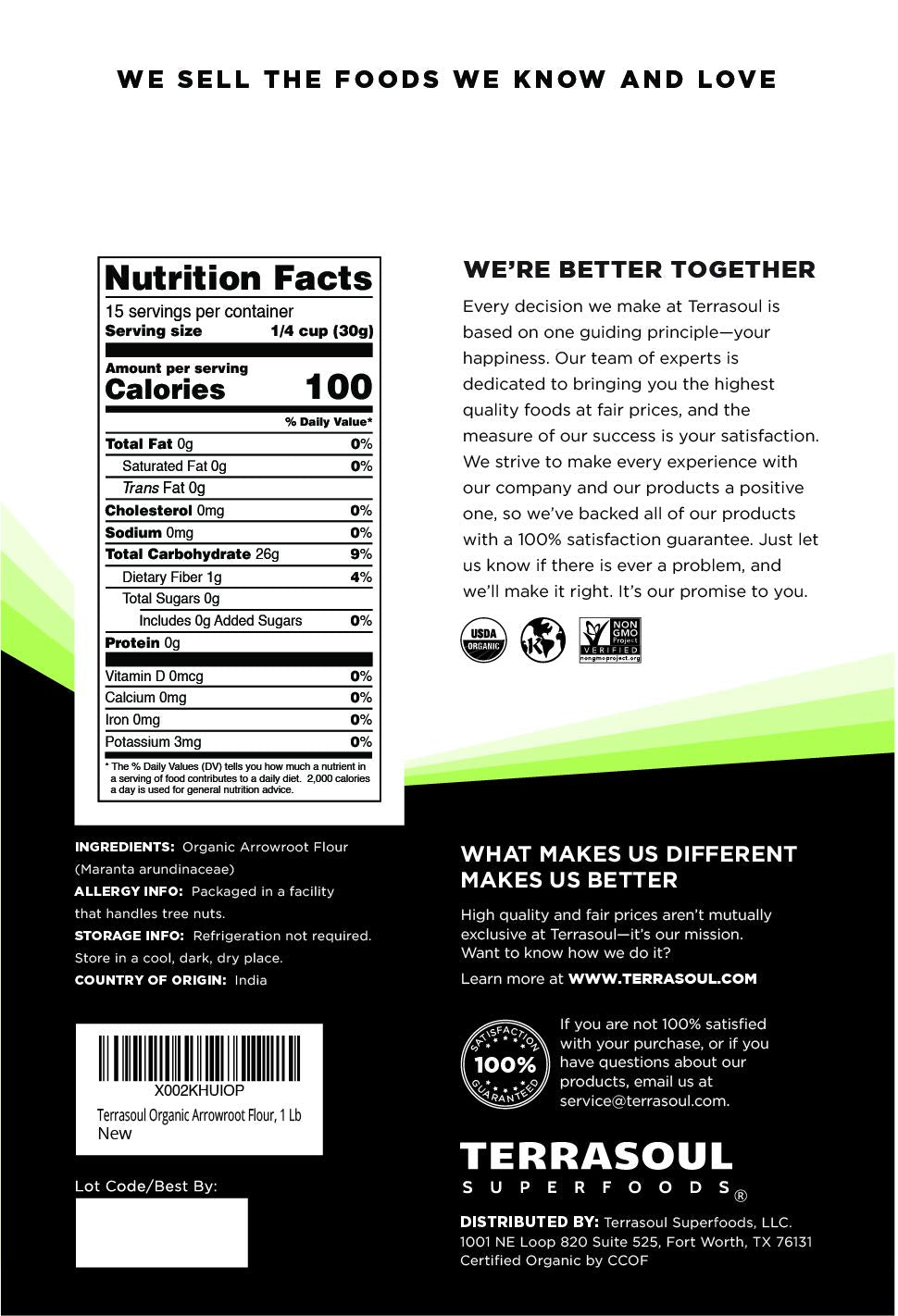 Terrasoul Arrowroot Flour close-up reveals fine powder ideal for cooking.