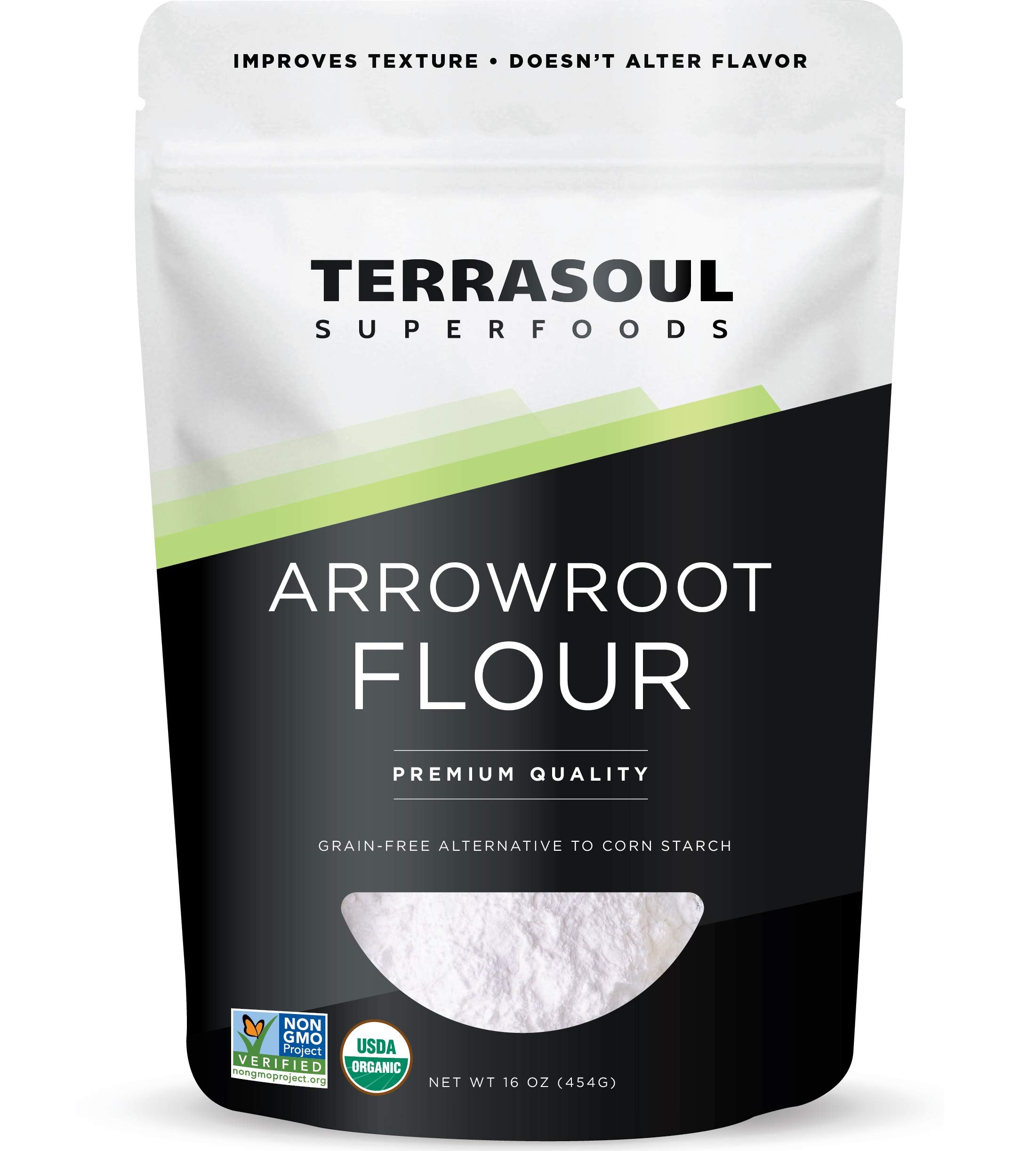 Terrasoul Arrowroot Flour packaging shown, convenient resealable bag for pantry storage.