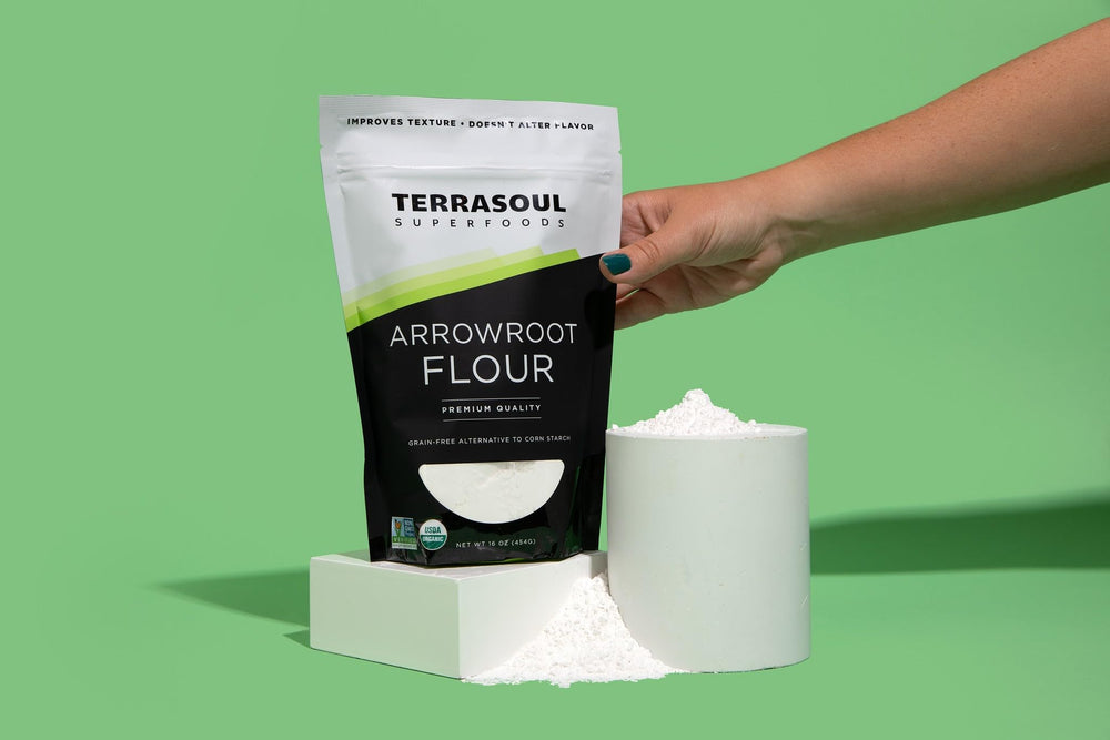 Terrasoul Arrowroot Flour resealable bag keeps flour fresh on the shelf.