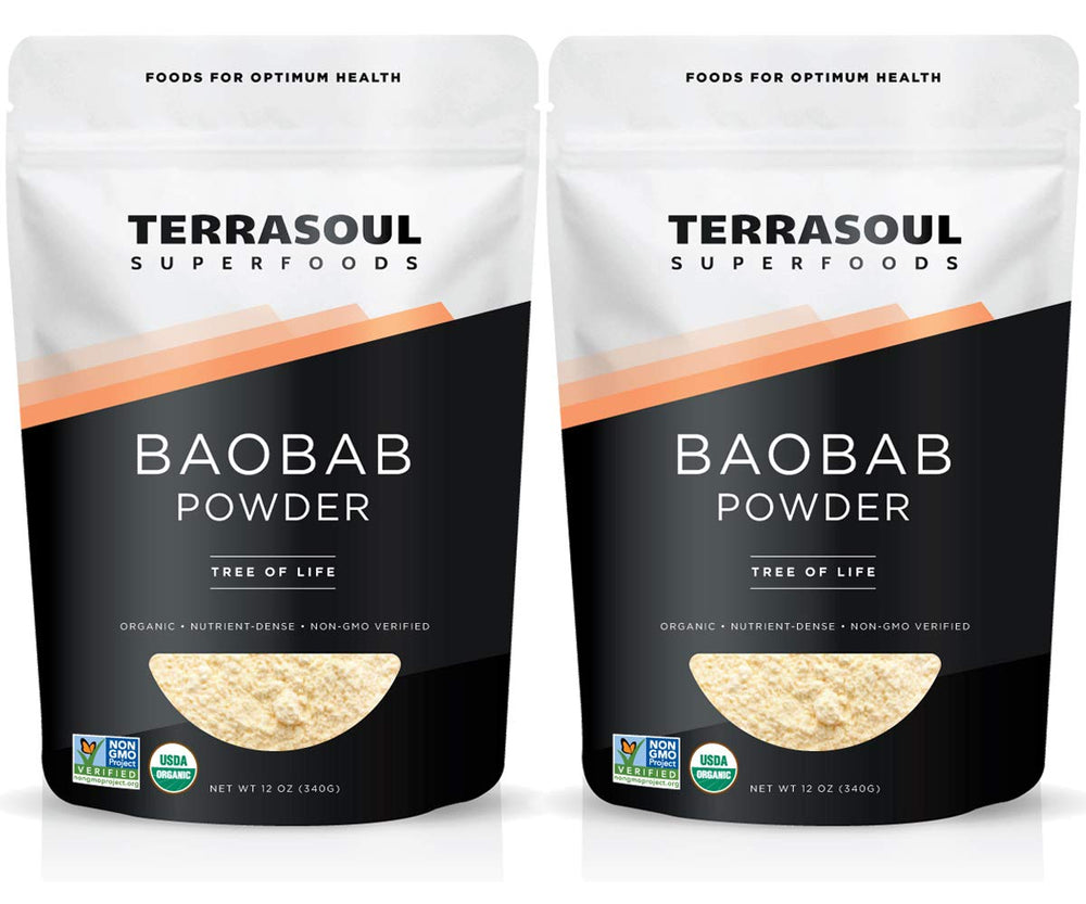 Terrasoul Baobab Powder packaging front showing organic credentials and product name.