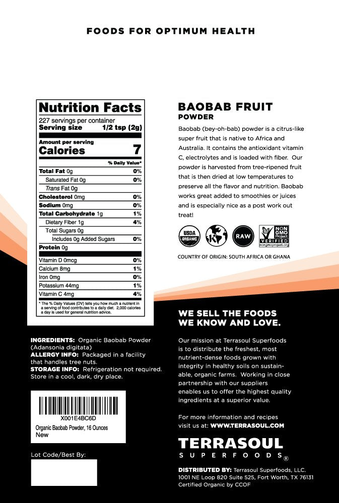 Terrasoul Baobab powder scoop shows convenient measuring for fiber-rich daily boosts.