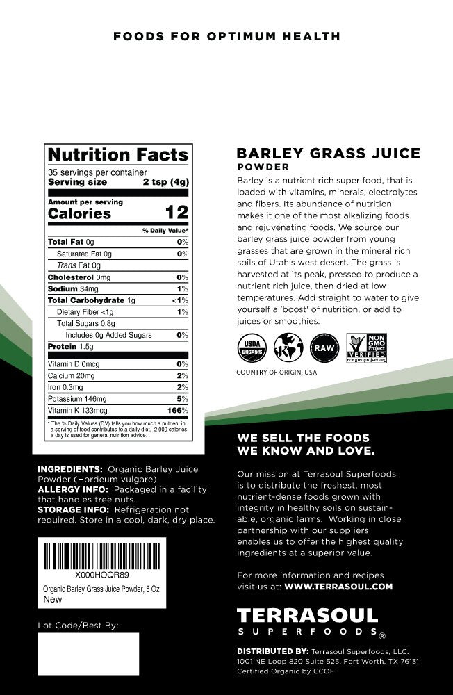 Terrasoul Barley Grass Juice Powder closeup showing vibrant, nutrient-rich powder