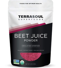 Terrasoul Beet Juice Powder pouch showing concentrated crystals for smoothie boosts.