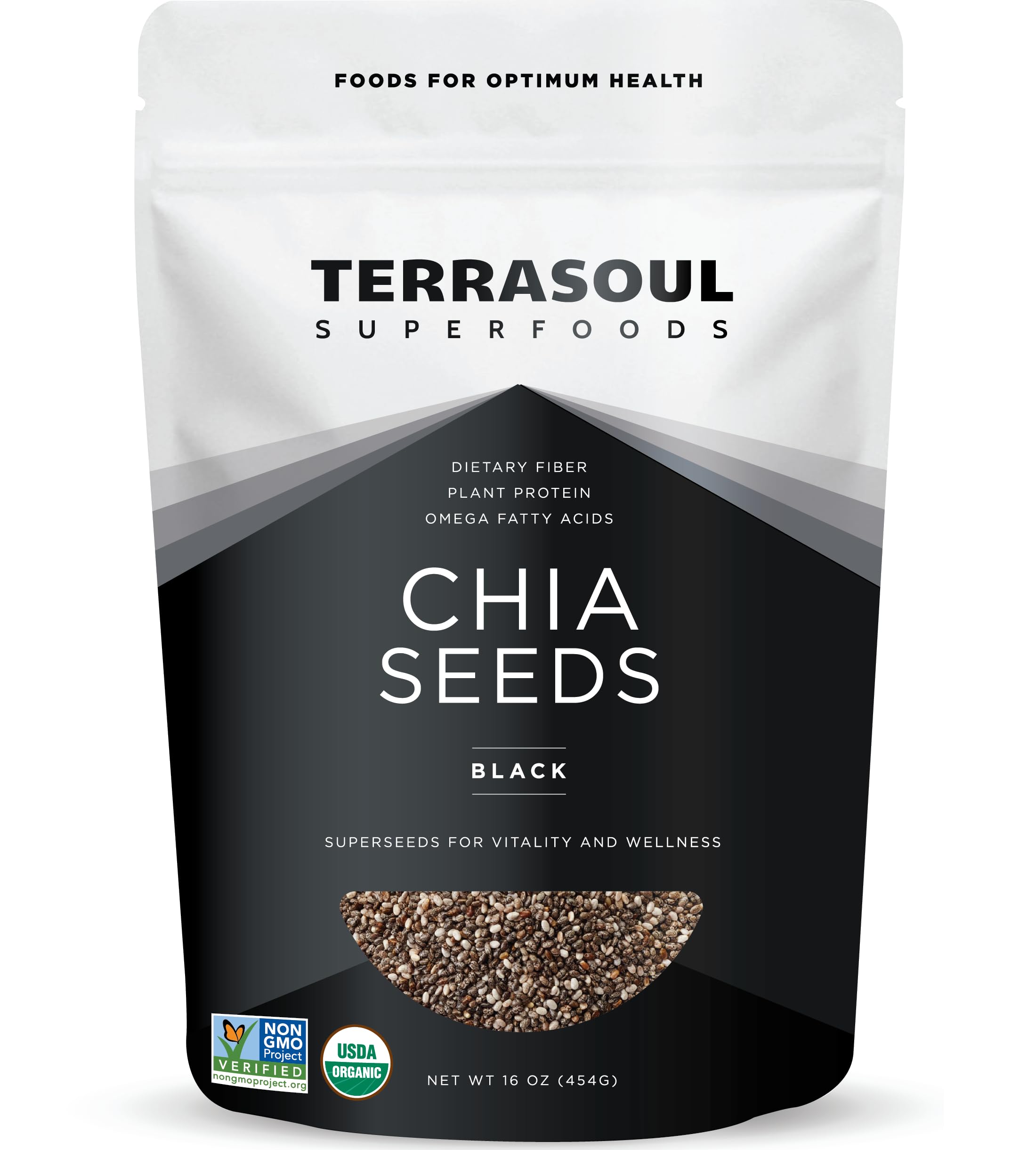 Terrasoul black chia seeds 16oz front label, versatile pantry staple.