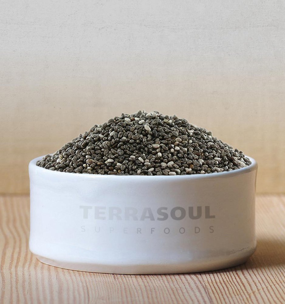Terrasoul Black Chia Seeds bag and spoon ready for smoothies and puddings
