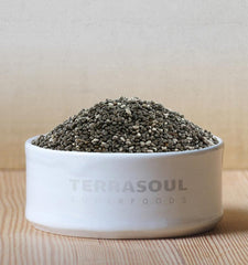 Terrasoul Black Chia Seeds bag and spoon ready for smoothies and puddings