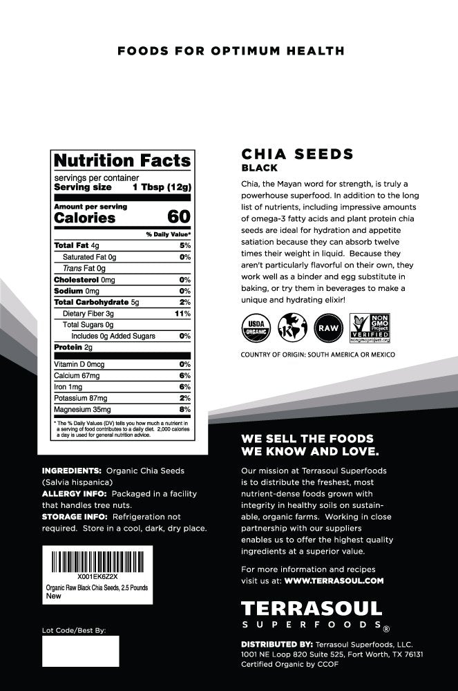 Terrasoul Black Chia Seeds bulk pack closeup showing tiny glossy seeds