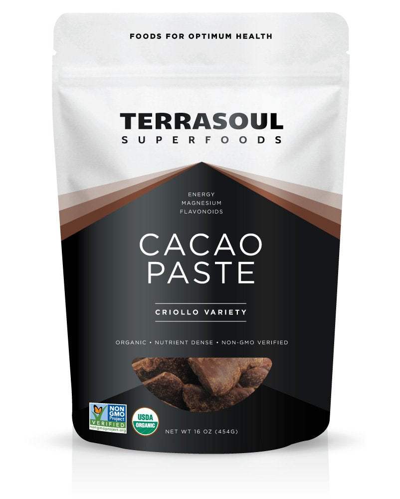 Terrasoul cacao paste 16 oz packaging ready to elevate desserts at home.