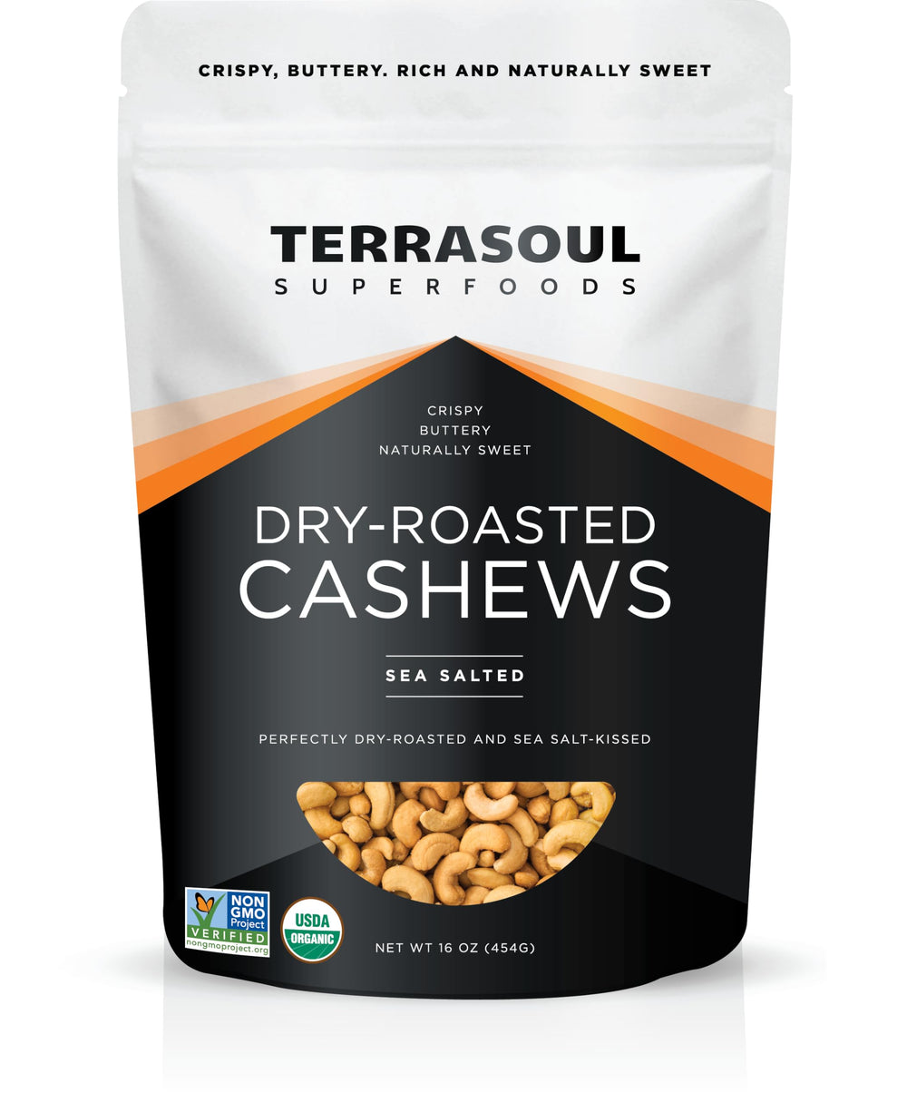 Terrasoul cashews in a dry-roasted, resealable pouch for easy snacking.