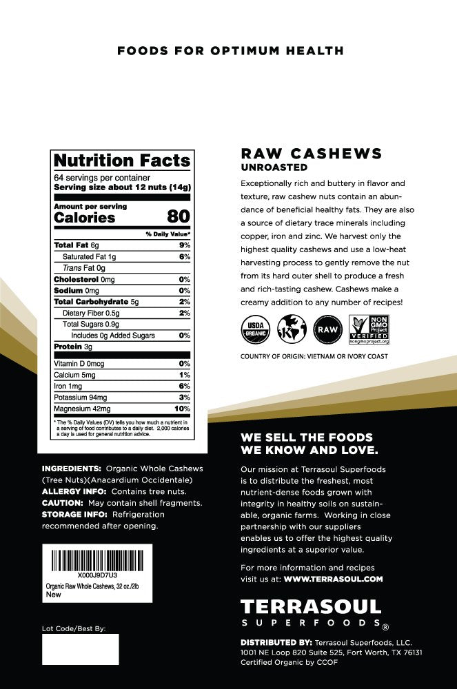 Terrasoul Superfoods raw organic cashews displayed in a jar for dairy-free uses.