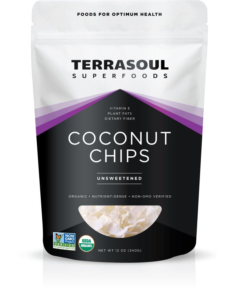 Terrasoul coconut chips 12oz packaging showing organic, raw quality for convenient snacking.