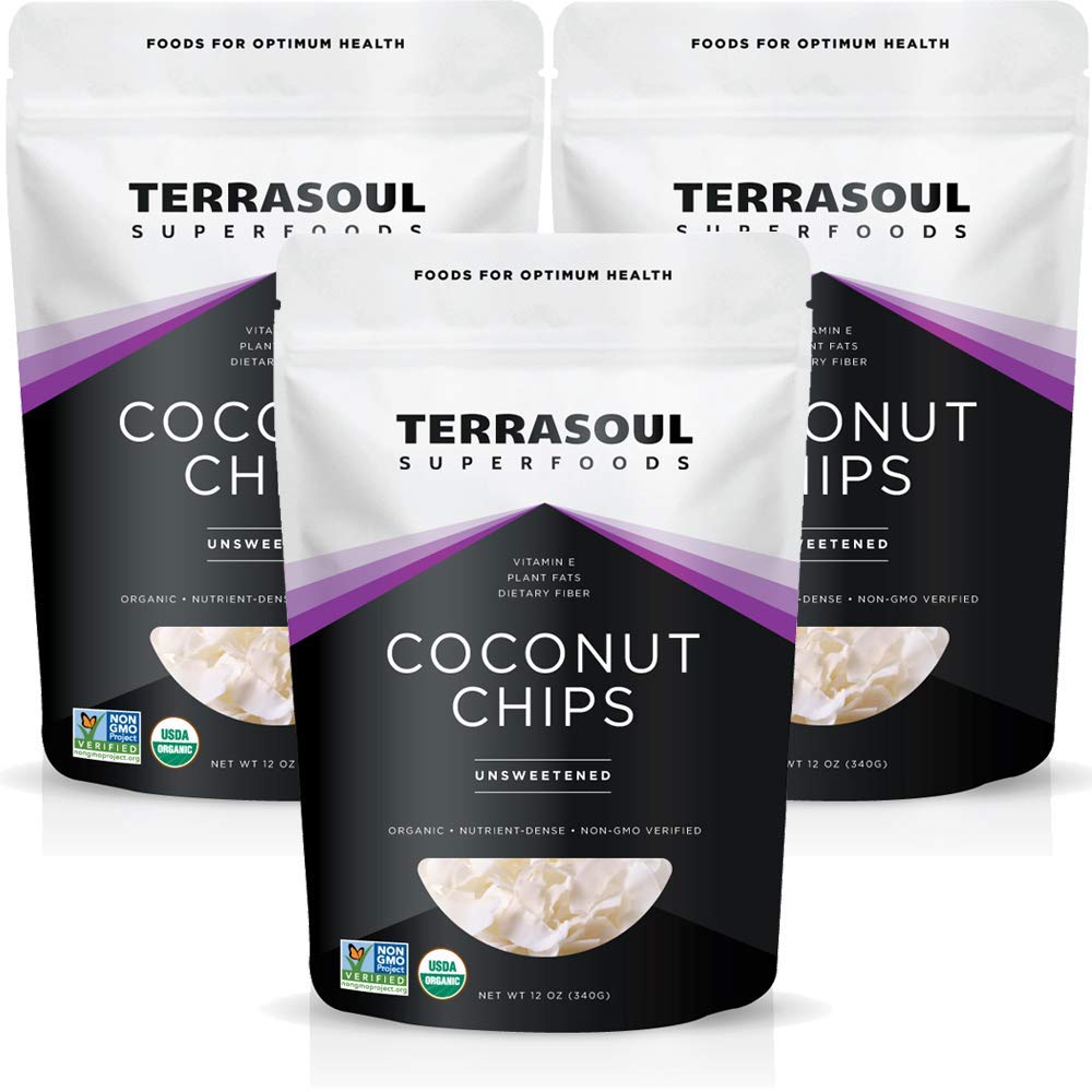 Terrasoul coconut chips 3-pack packaging for convenient organic snacking.