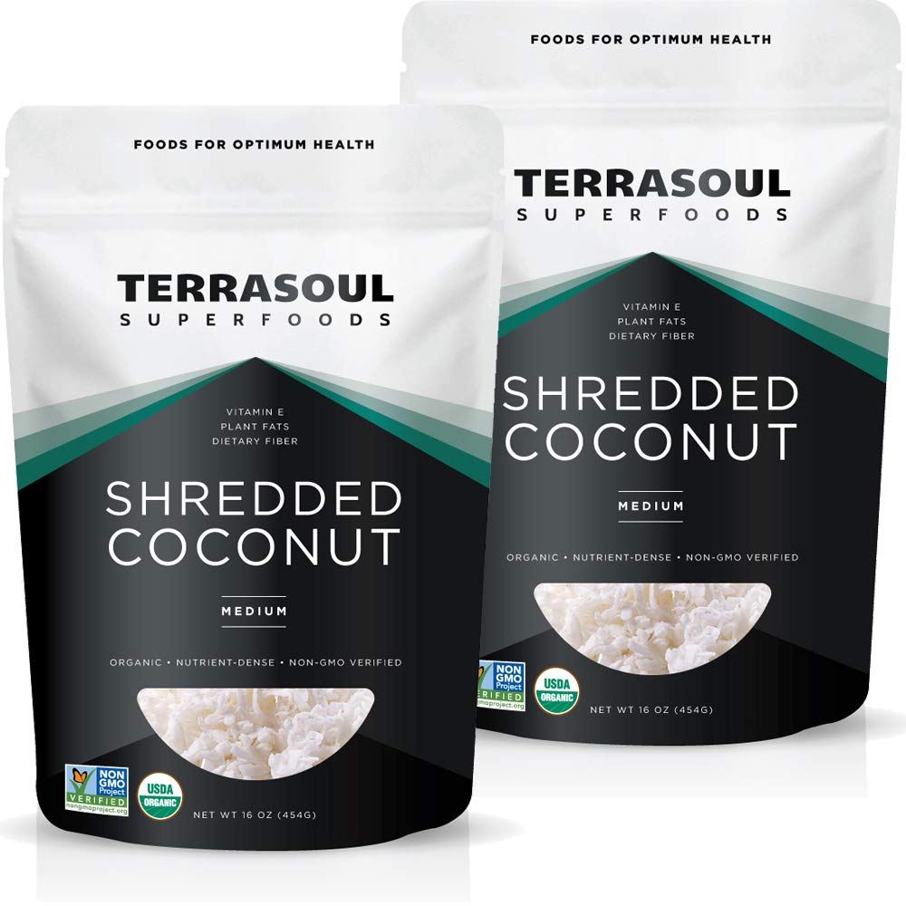 Terrasoul coconut flakes 2 lb pack front view, ideal for baking.