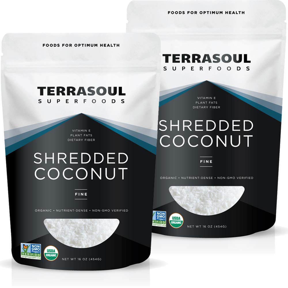 Terrasoul Organic Coconut Flakes front view showing fine shredded texture for versatile use