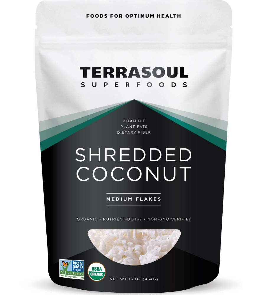 Terrasoul coconut flakes 1lb pouch close-up for unsweetened baking