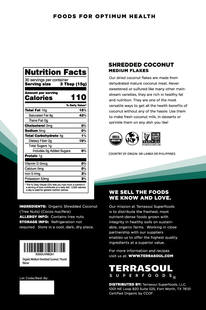Terrasoul unsweetened coconut flakes bag, ready for recipes.