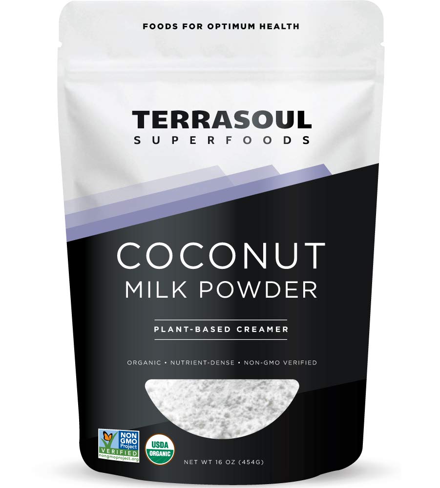 Terrasoul coconut milk powder jar for creamy non-dairy creamer in coffee and lattes.