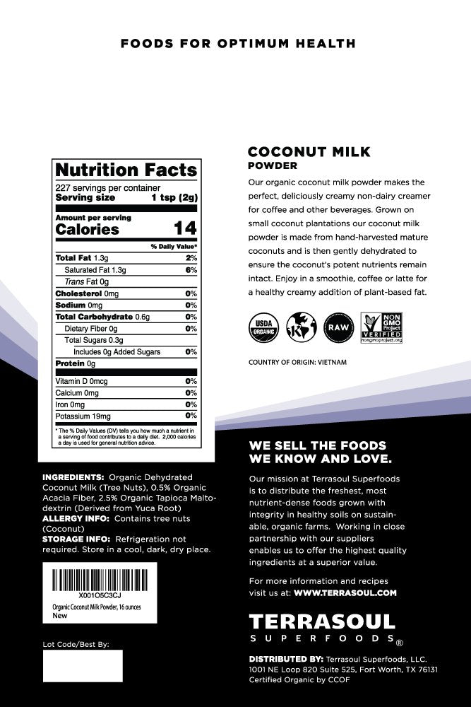 Terrasoul coconut milk powder packaging highlighting organic, vegan ingredients.