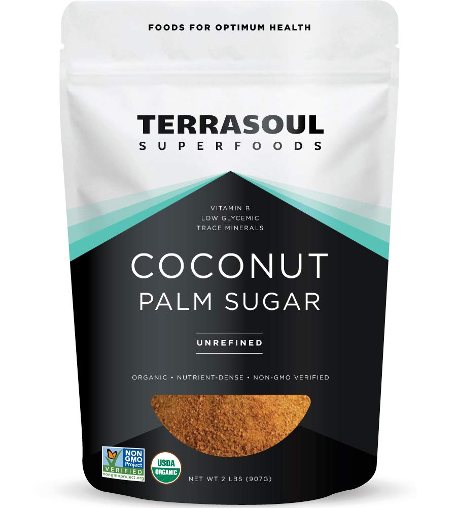 Terrasoul coconut sugar jar on kitchen counter, natural unrefined sweetener.