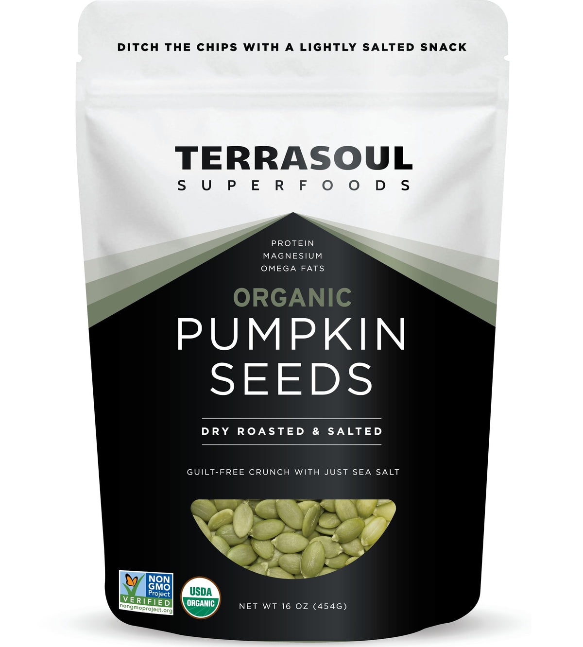 Terrasoul Superfoods pumpkin seeds in bag: crunchy, versatile snack for on-the-go.