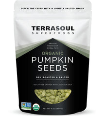 Terrasoul Superfoods pumpkin seeds in bag: crunchy, versatile snack for on-the-go.