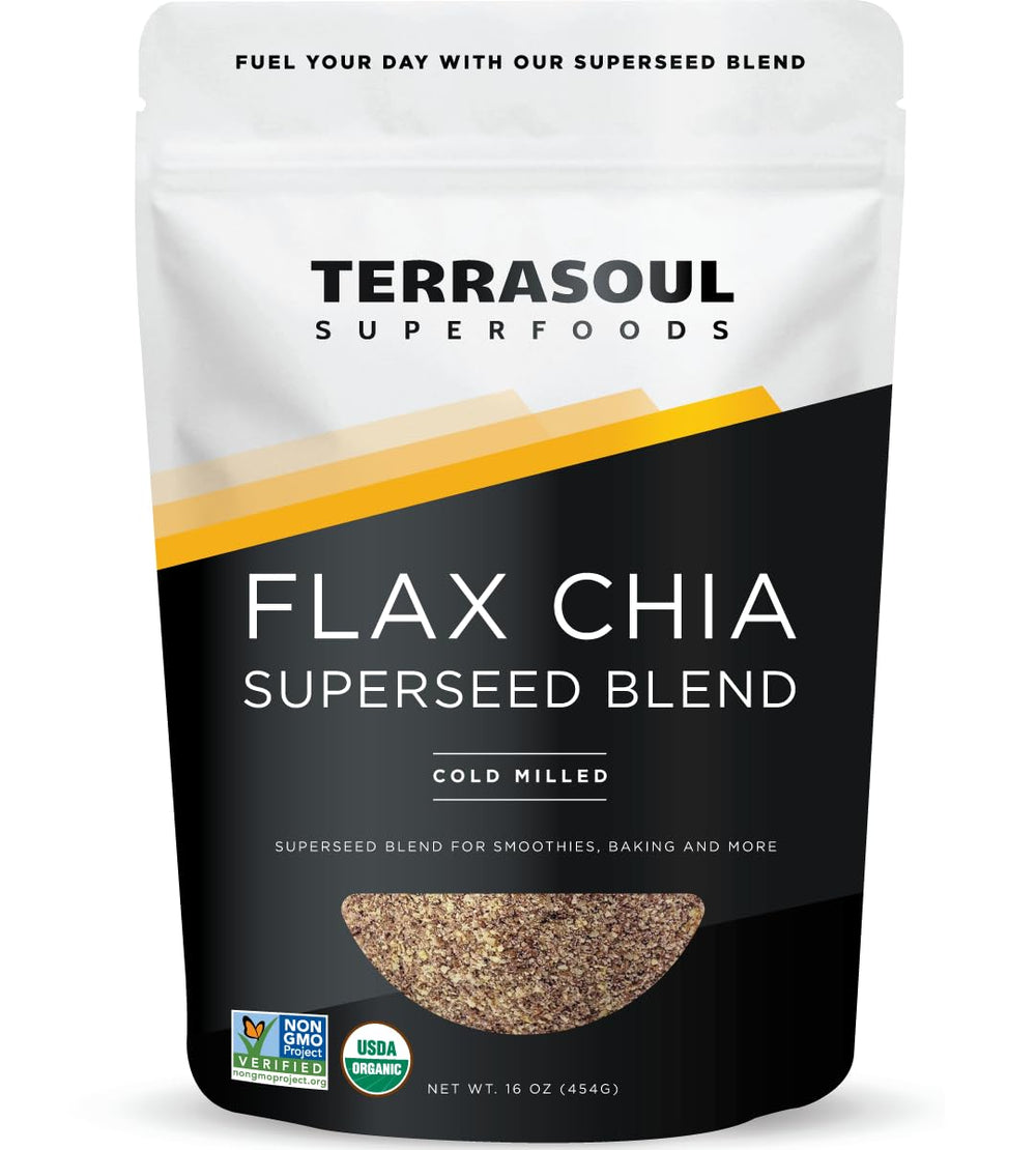 Terrasoul Flax Chia Blend bottle ready to pour for easy daily nutrition.