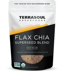 Terrasoul Flax Chia Blend bottle ready to pour for easy daily nutrition.