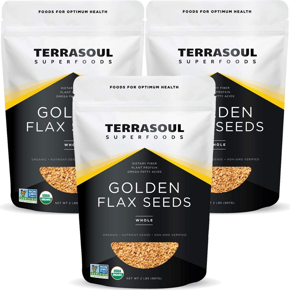 Terrasoul Golden Flax Seeds pack showing three 32-ounce pouches and fresh, nutty aroma.