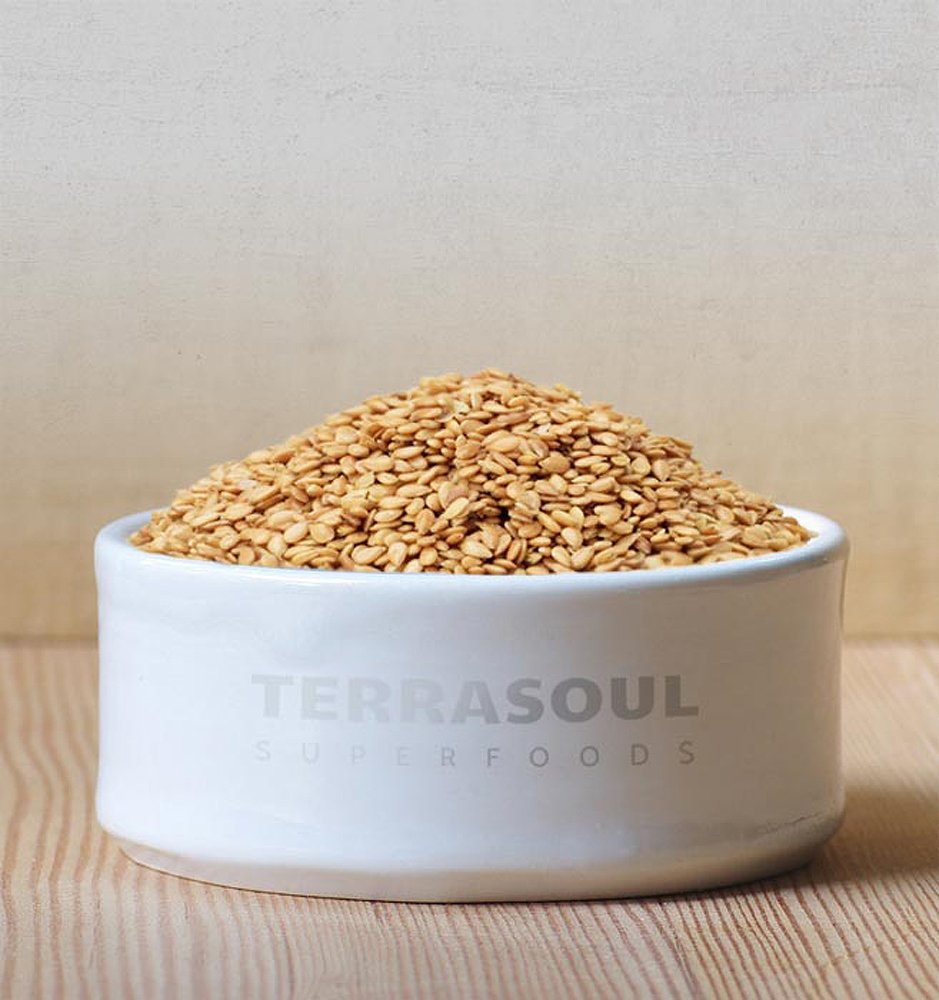 Terrasoul Golden Flax Seeds spoon on bowl, versatile use in recipes