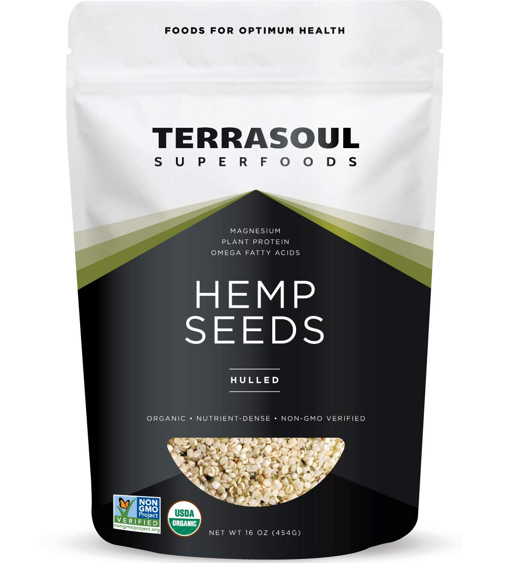 Terrasoul hemp seeds 16oz bag close-up showing organic, protein-packed nutrition.