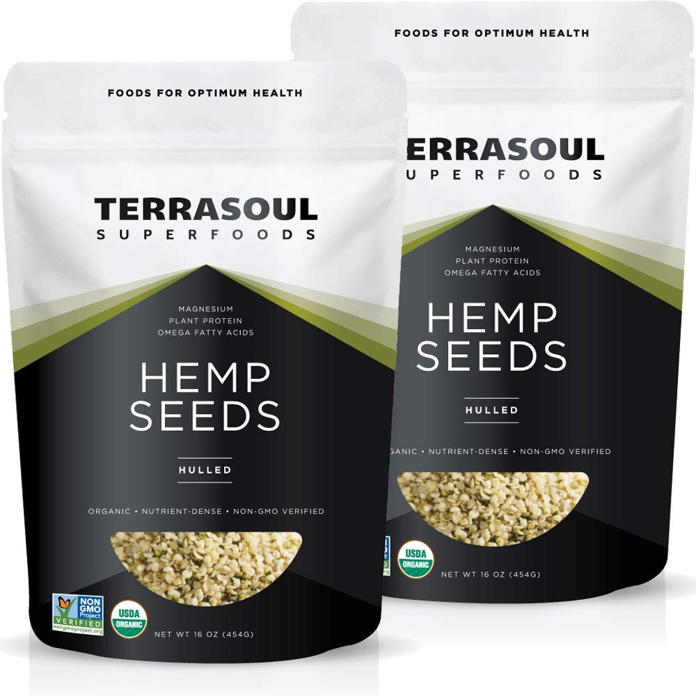 Terrasoul hemp seeds 2lb pack in resealable pouch, protein-rich and omega fats.