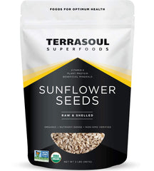 Terrasoul Hulled Sunflower Seeds bag on table, ready for snacking and cooking.