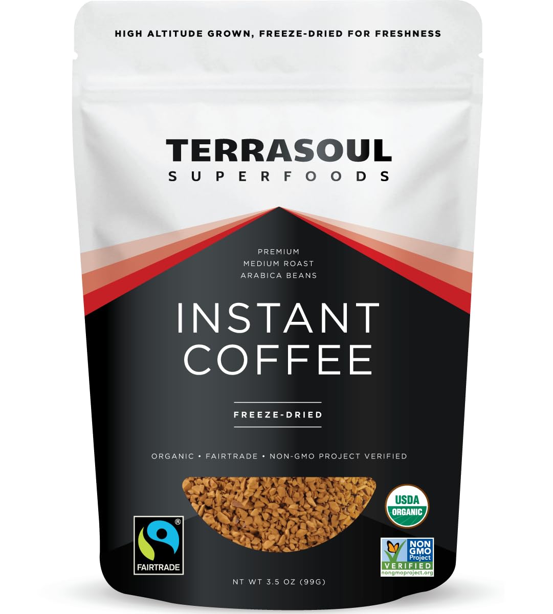 Terrasoul Instant Coffee bag with organic Arabica beans for sustainable brewing at home.