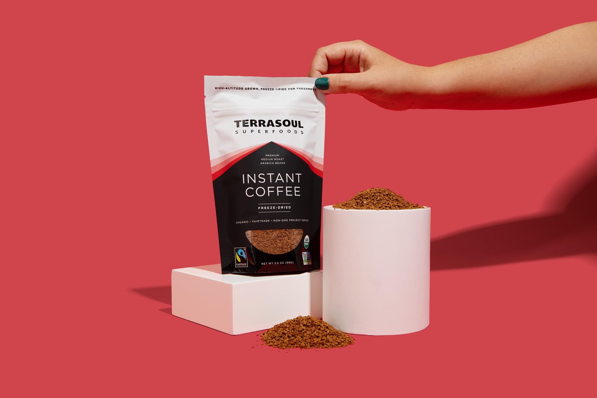Terrasoul Instant Coffee Fairtrade label indicating ethical sourcing.