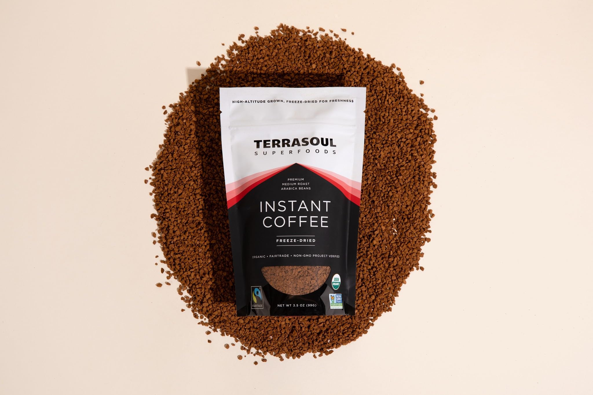 Terrasoul Instant Coffee packaging 3.5oz showing convenient single container.