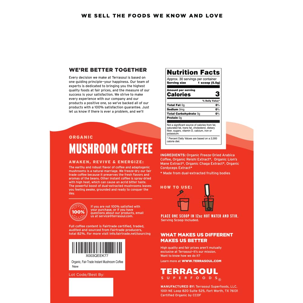 Terrasoul Instant Mushroom Coffee cup with steam ideal for focus and clarity