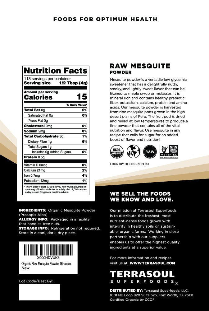 Terrasoul Mesquite Powder bottle highlighting versatile flavor enhancer for cooking and baking