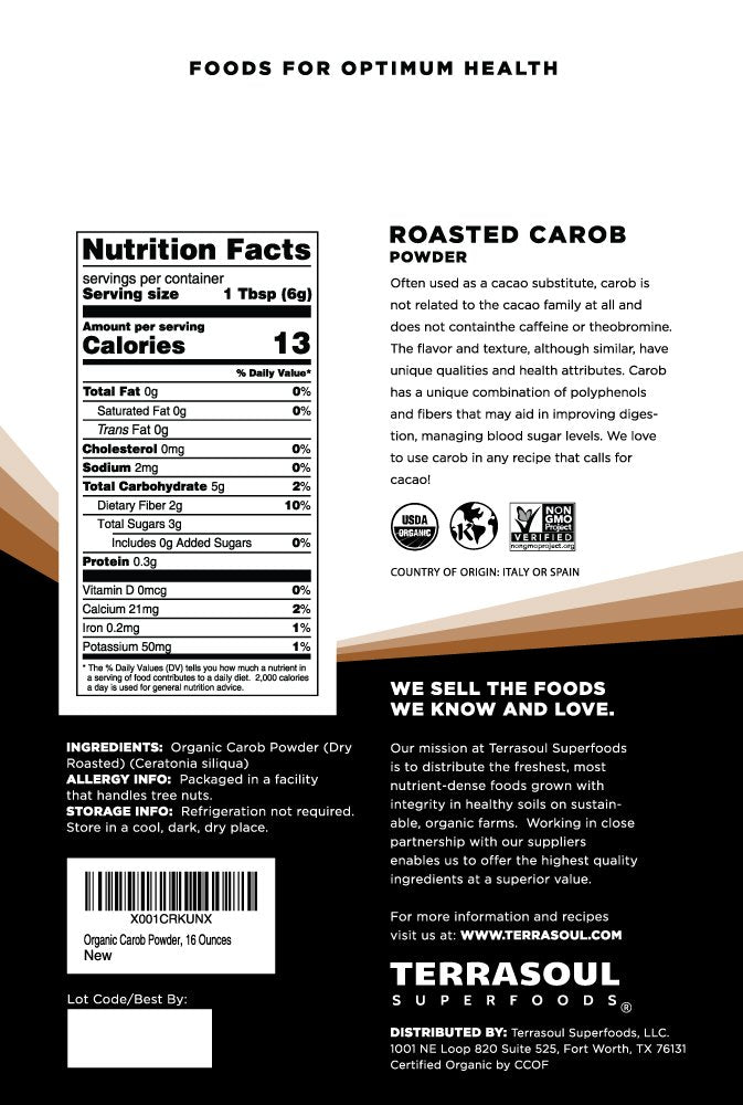 Terrasoul Organic Carob Powder 4lbs pack back label, showing organic and gluten-free credentials.
