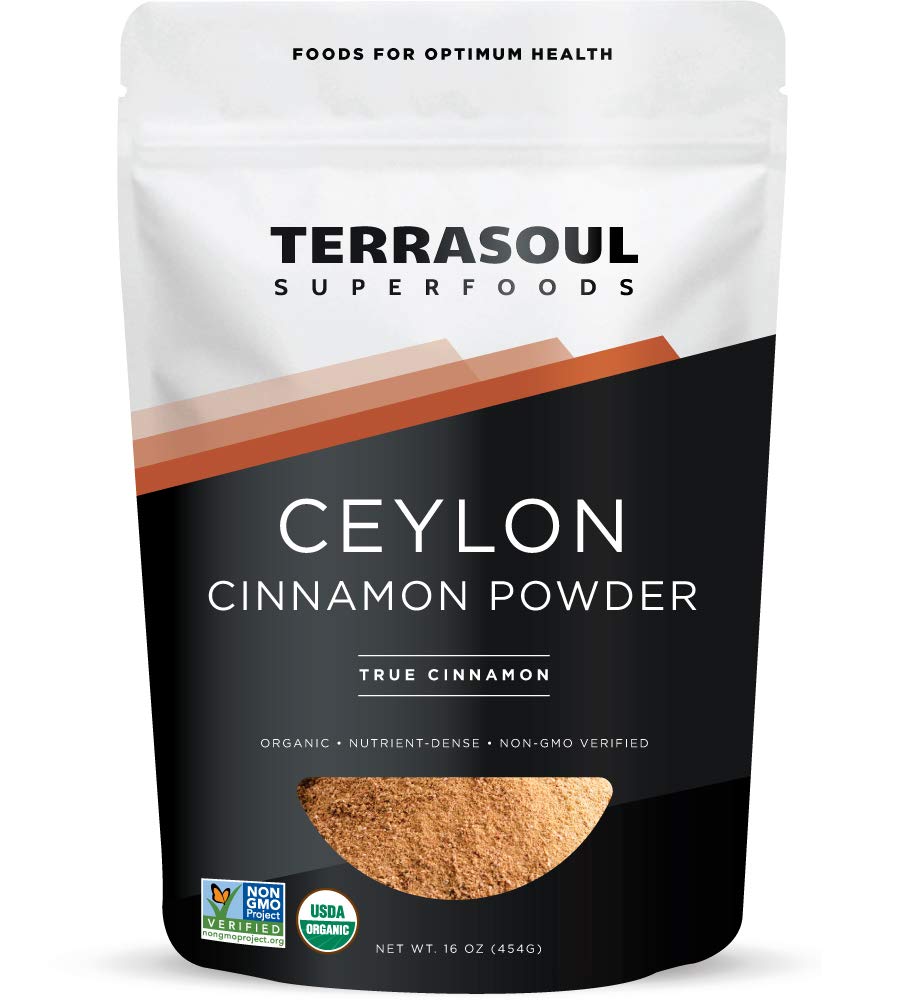 Terrasoul Organic Ceylon Cinnamon Powder in a glass jar for easy kitchen use.