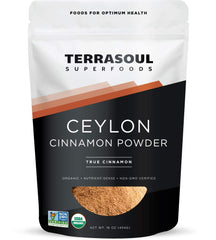 Terrasoul Organic Ceylon Cinnamon Powder in a glass jar for easy kitchen use.