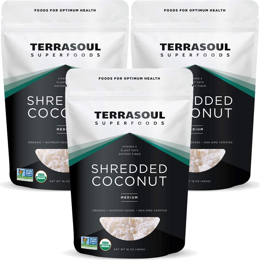 Terrasoul Organic Coconut Flakes front-pack image showing the 3 lb triple pack for baking
