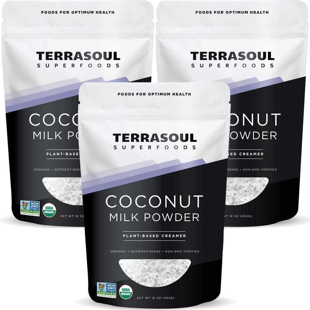 Terrasoul Organic Coconut Milk Powder 3lb pack beside coffee setup.