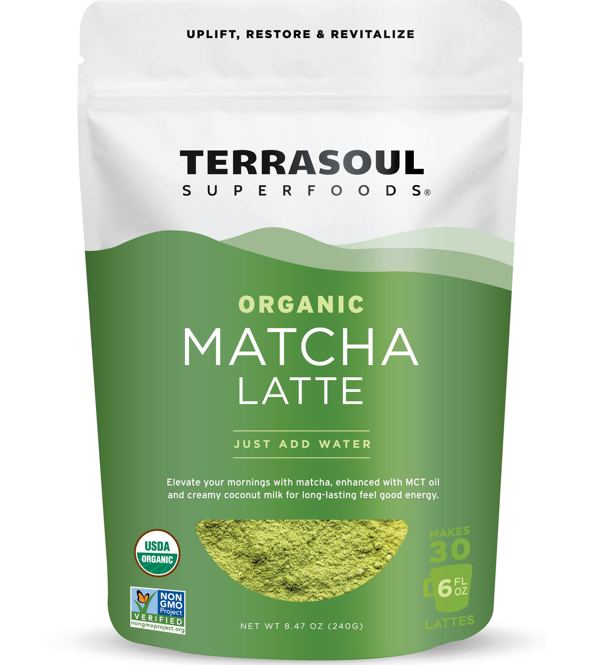 Terrasoul Organic Matcha Latte bottle pour highlights premium flavor and quick latte prep.