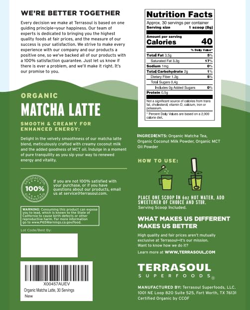Terrasoul Organic Matcha Latte packaging communicates certified organic quality for daily rituals.