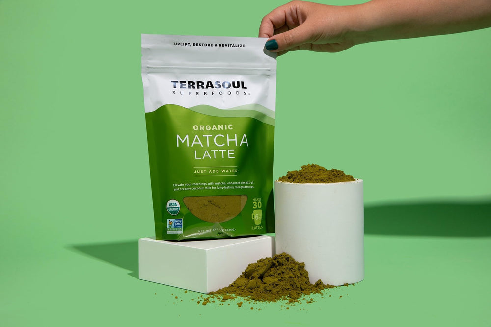Terrasoul Organic Matcha Latte ready-to-serve cup profile suggests convenient, creamy enjoyment.