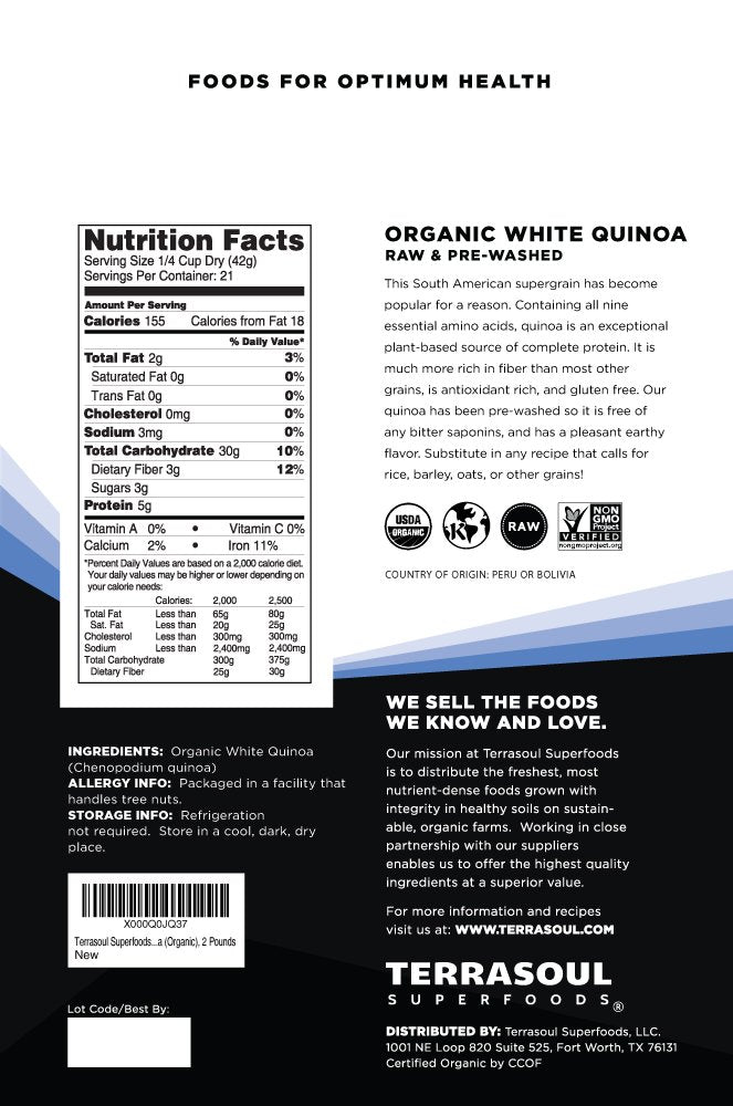 Terrasoul organic quinoa bag label highlighting organic and gluten-free attributes.