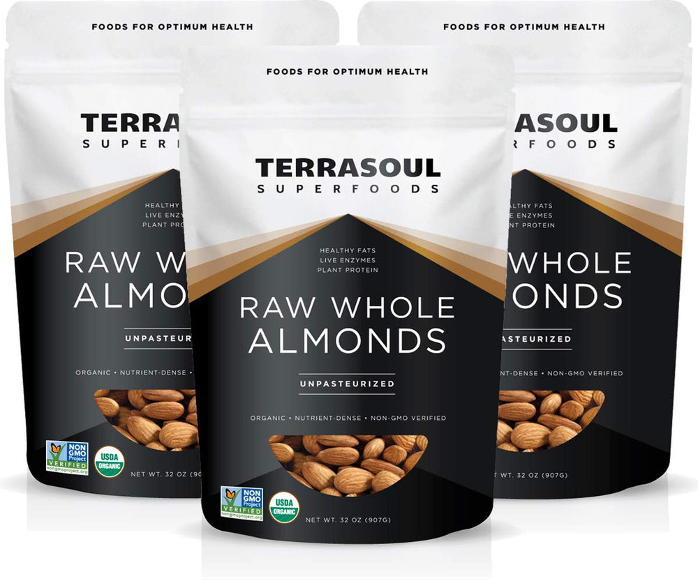 Terrasoul Organic Raw Almonds 6lbs case bag with resealable packaging for freshness.