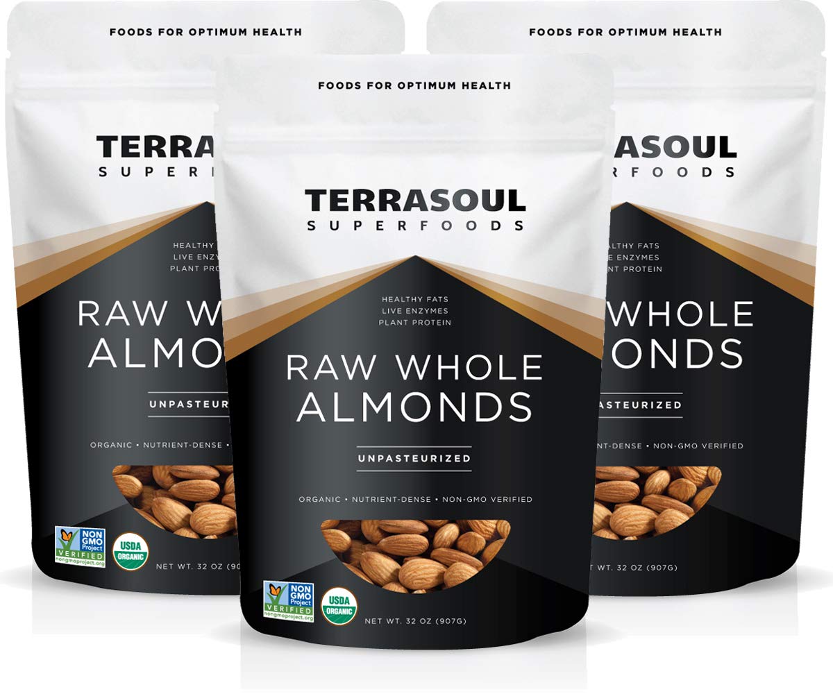 Terrasoul Organic Raw Almonds 6lbs case bag with resealable packaging for freshness.